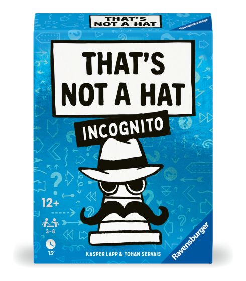 Board game box for 'That's Not a Hat Incognito' by Ravensburger with a blue background and white hat illustration.