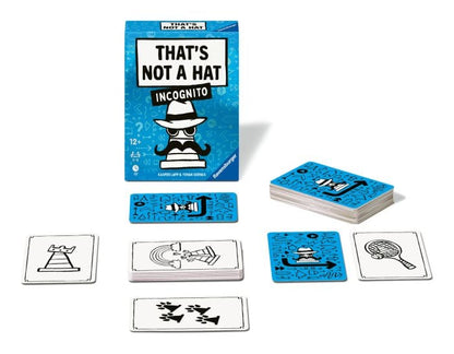 Card game set with cards and a blue box labeled 'That's Not A Hat Incognito' on a white background.