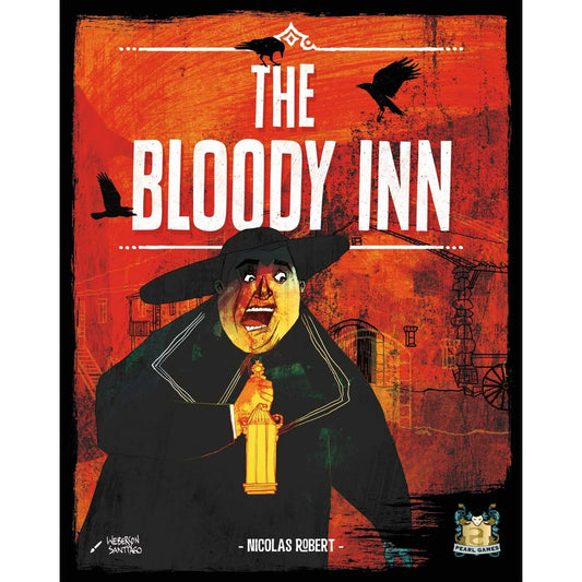 Cover of 'The Bloody Inn' with a character in a black hat and coat holding a golden goblet against an orange background.