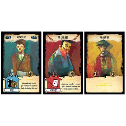 Three game cards featuring characters labeled 'Newsboy', 'Mechanic', and 'Peasant' with descriptive text.