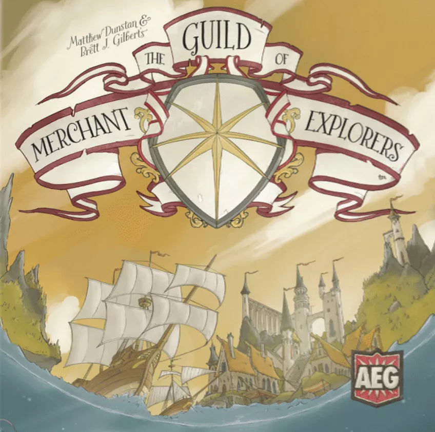 Cover of 'The Guild of Merchant Explorers' board game with ship, castle, and AEG logo.