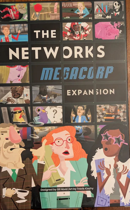 Board game expansion pack titled 'The Networks Megaclrp Expansion' with character illustrations on a dark background.
