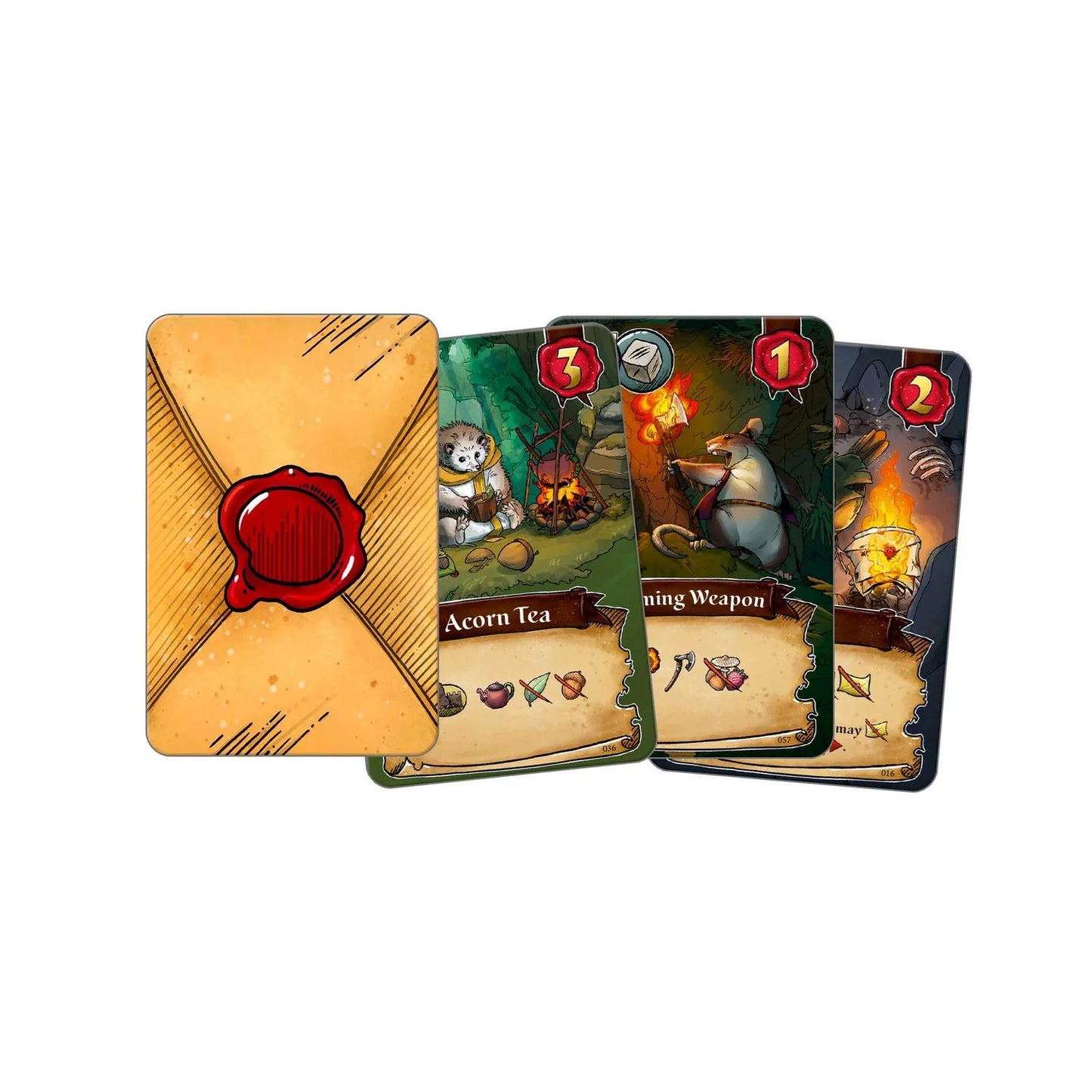 Set of card game cards with various designs and numbers on a white background