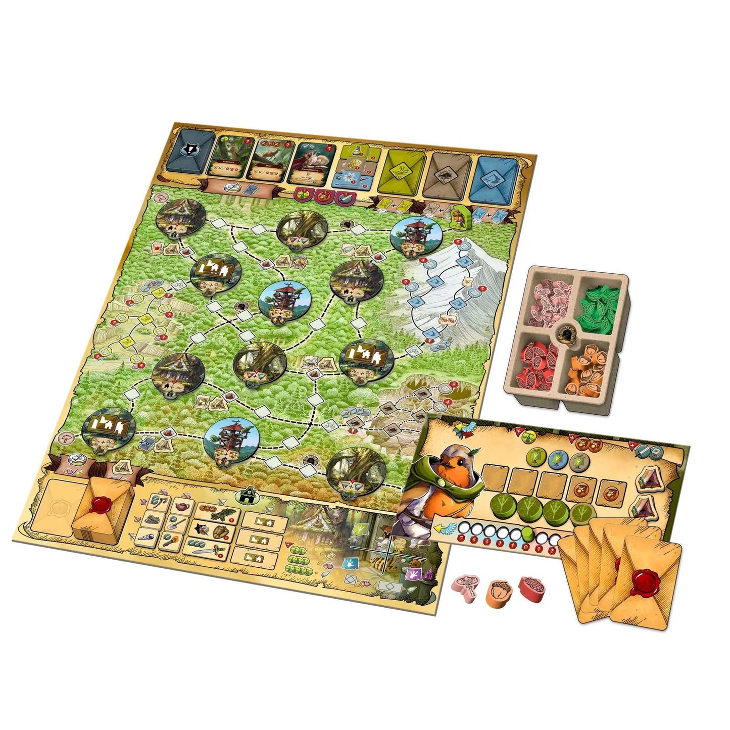Board game with pieces and cards on a white background
