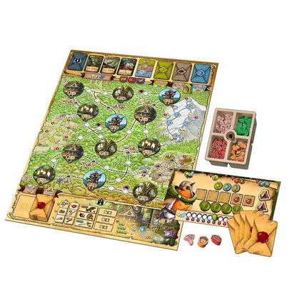 Board game with pieces and cards on a white background
