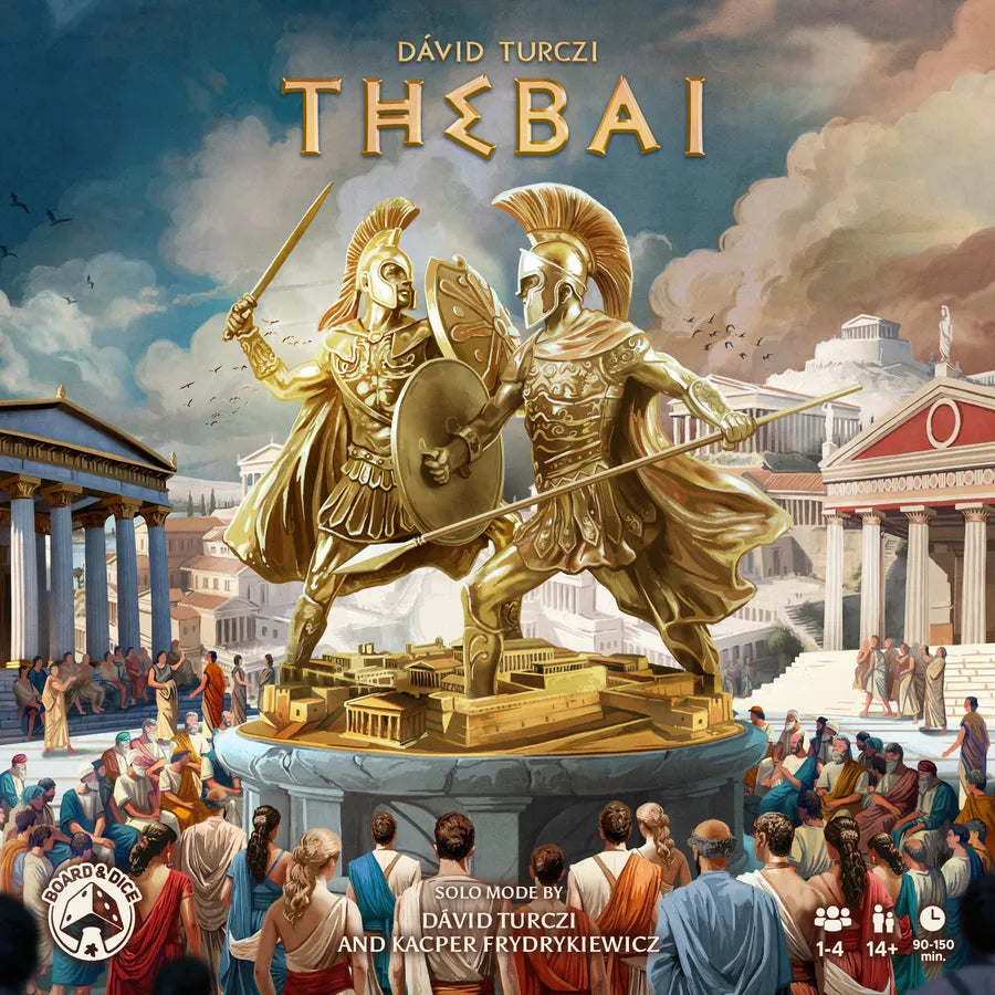 Board game cover titled 'Thebai' featuring gold statues of warriors and classical architecture.