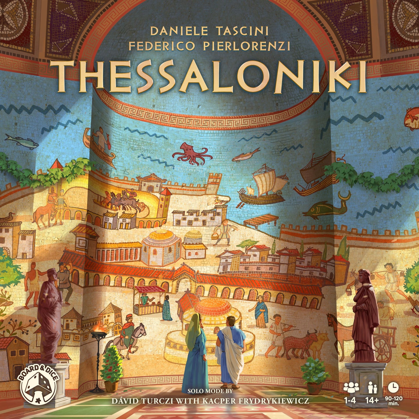 Board game box for 'Thessaloniki' with colorful illustration of ancient city scene.