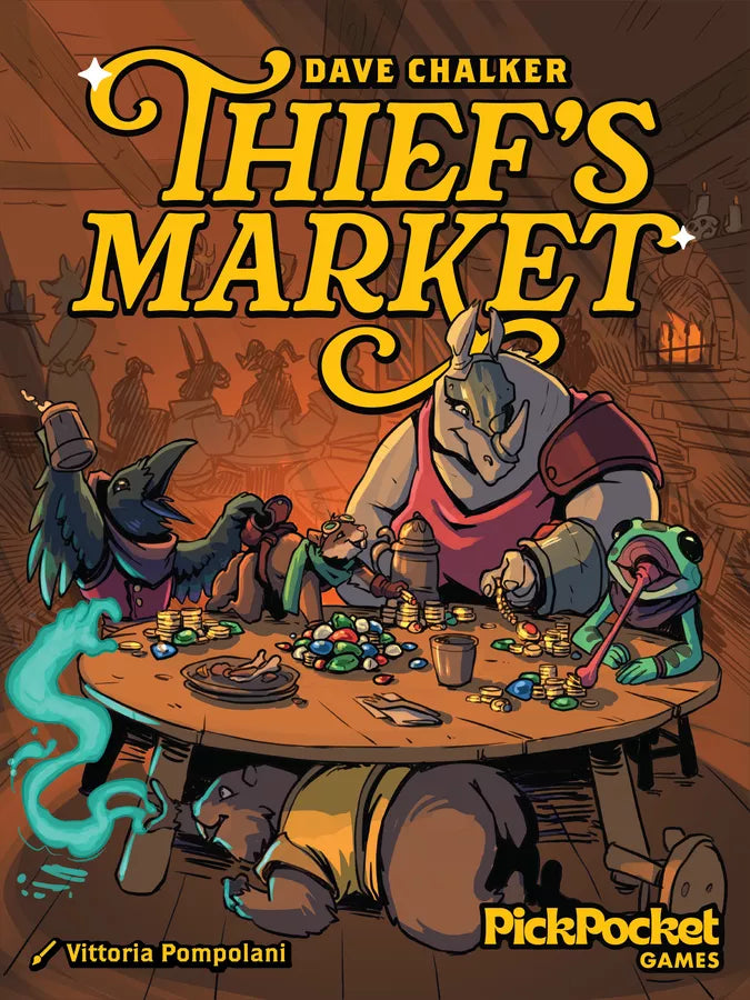 Cover of 'Thief's Market' by Dave Chalker with cartoon characters around a table.