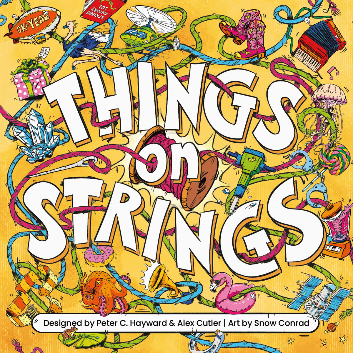 The front cover of the children's book 'Things on Strings' by Peter C. Hayward and Alex Cutler, featuring a vibrant yellow background covered in whimsical illustrations of musical instruments, jewelry, and objects wrapped in colorful strings.