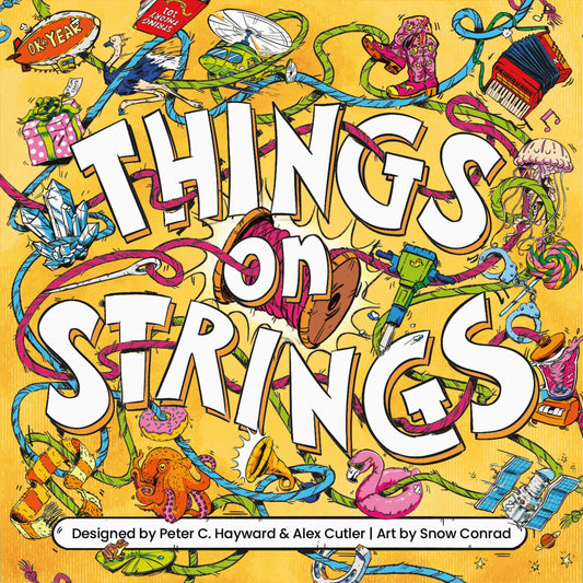 The front cover of the children's book 'Things on Strings' by Peter C. Hayward and Alex Cutler, featuring a vibrant yellow background covered in whimsical illustrations of musical instruments, jewelry, and objects wrapped in colorful strings.