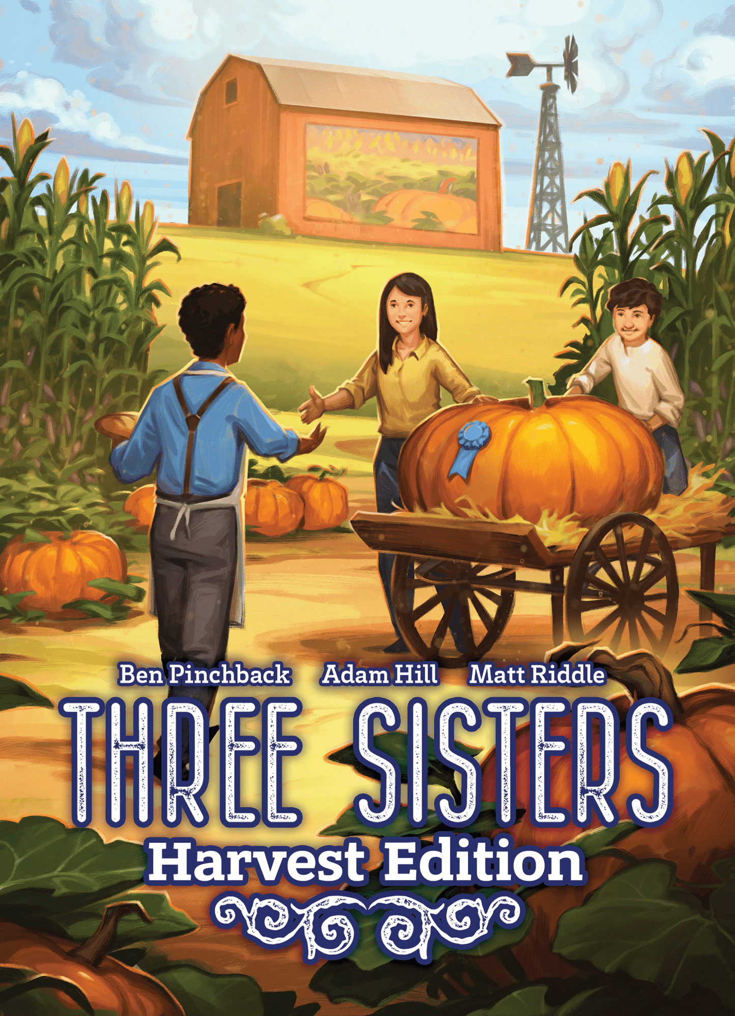 Book cover of 'Three Sisters: Harvest Edition' with children on a farm.