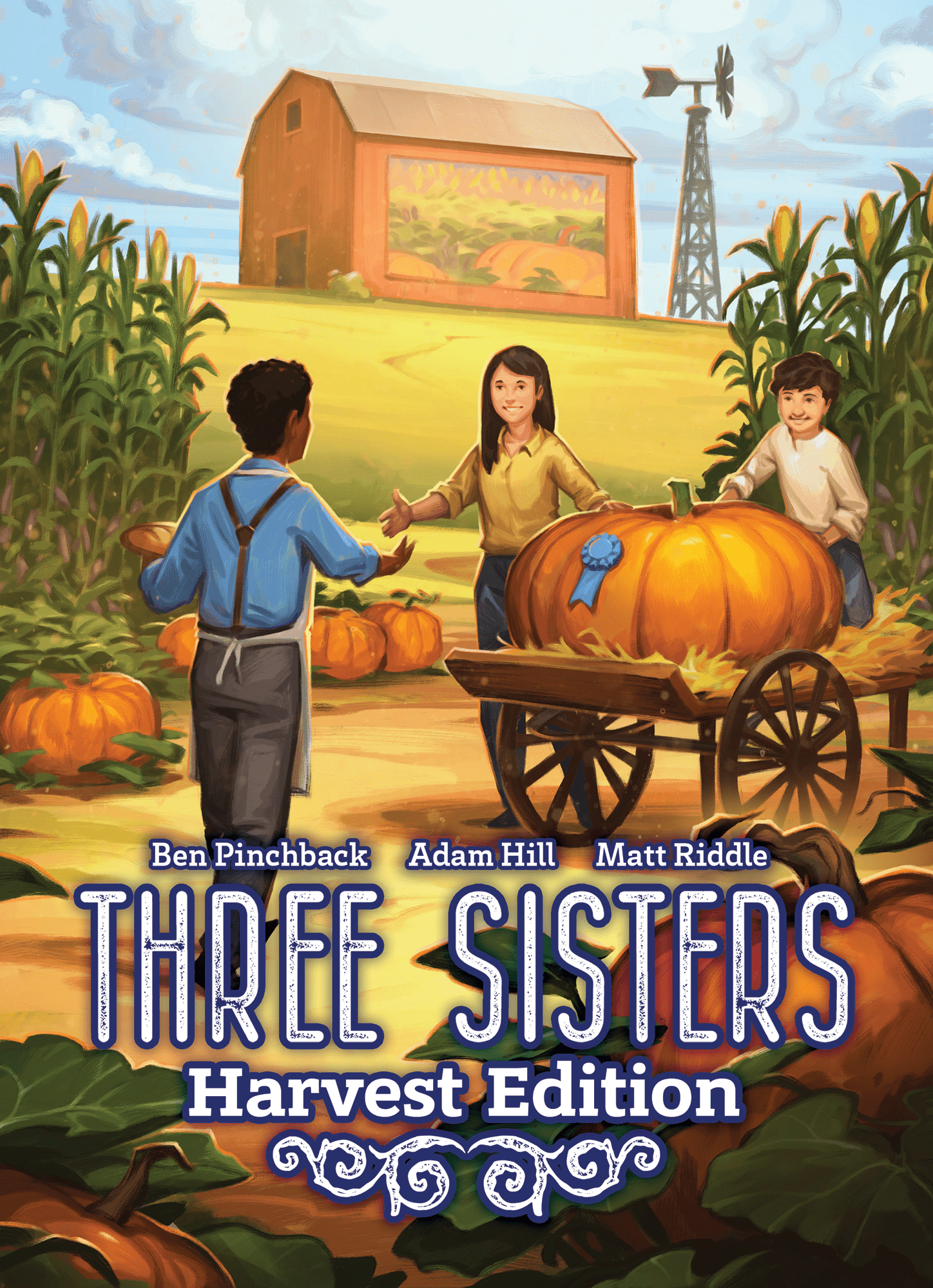 Book cover of 'Three Sisters: Harvest Edition' with children on a farm.