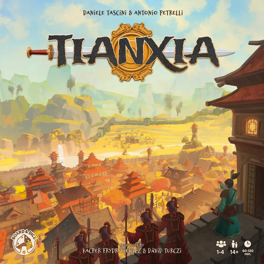 Board game cover of 'Tianxia' with a scenic village and characters.