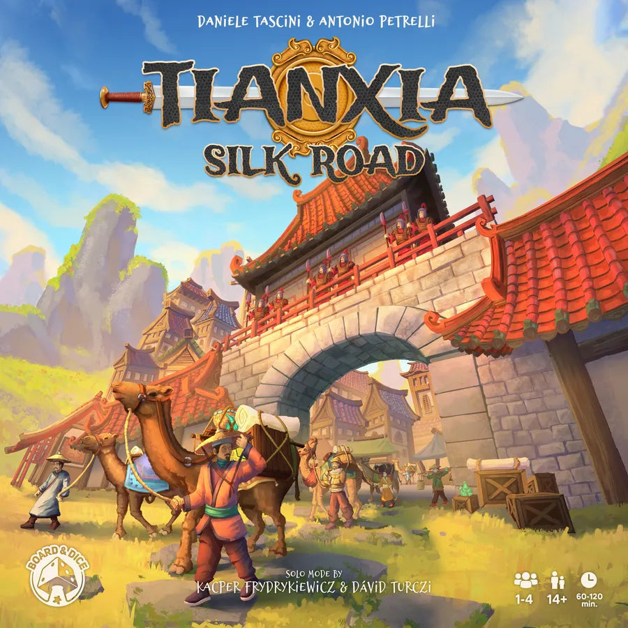 Board game cover of 'Tianxia Silk Road' with a bridge, camels, and people in a scenic setting.