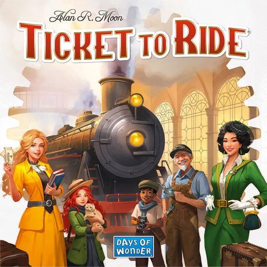 Board game cover of 'Ticket to Ride' with characters and a train, featuring the Days of Wonder logo.