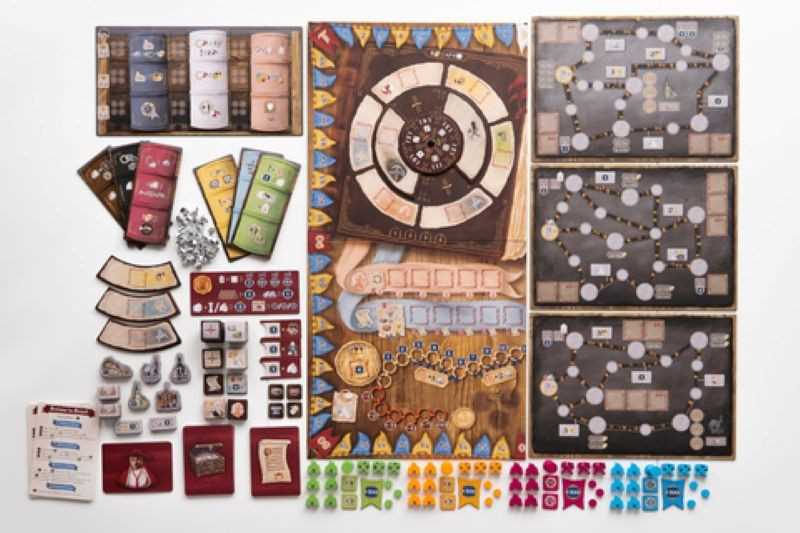 Board game components including cards, pieces, and a large game board on a white background