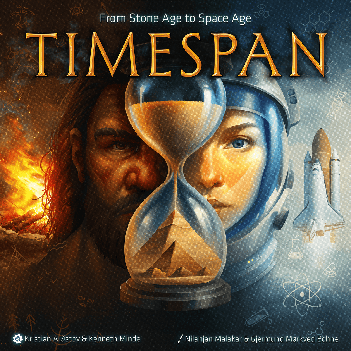 Cover of 'Timespan' game showing a man and woman with an hourglass, space shuttle, and atomic symbol.