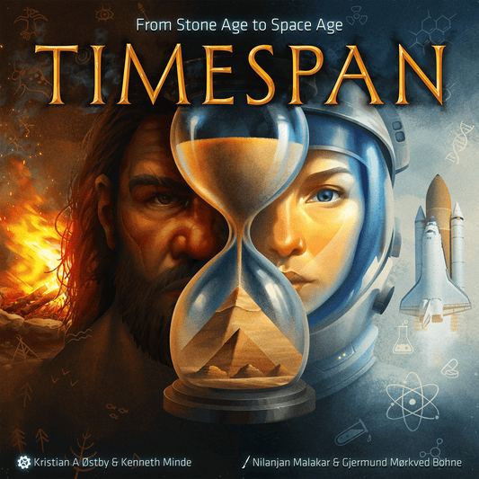 Cover of 'Timespan' game showing a man and woman with an hourglass, space shuttle, and atomic symbol.