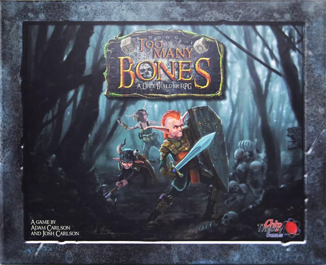 Front cover of the board game Too Many Bones: A D&D 5e Adventure, featuring fantasy artwork of a red-haired elf warrior with a shield in a dark forest, surrounded by a textured gray border.