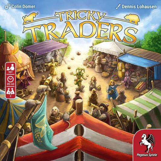 Board game cover of 'Tricky Traders' with colorful illustration of a market scene and Pegasus Spiele logo.
