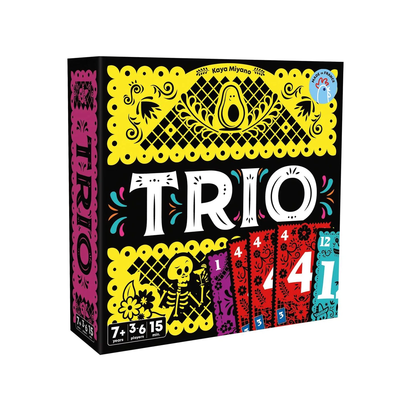 Board game box titled 'TRIO' with colorful design on a white background