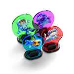 Colorful toy cars with character designs on a white background