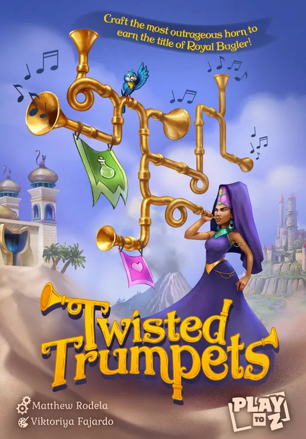 Game box for 'Twisted Trumpets' with a woman holding a twisted trumpet and desert landscape in the background.