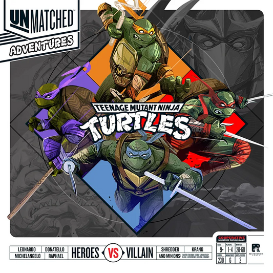 Promotional graphic for Teenage Mutant Ninja Turtles with characters and 'Unmatched Adventures' branding.