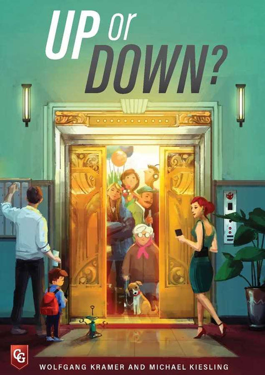Book cover of 'Up or Down?' with people around a door, featuring the authors' names.