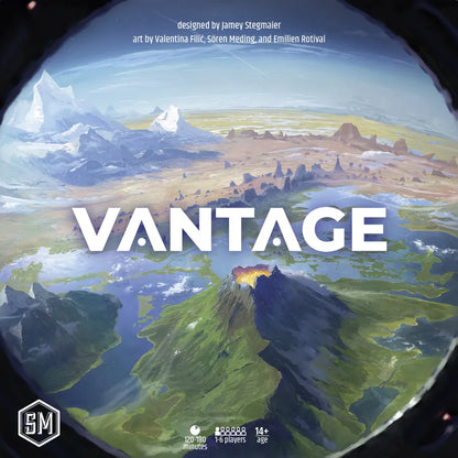 Board game box for 'Vantage' with a scenic landscape illustration.