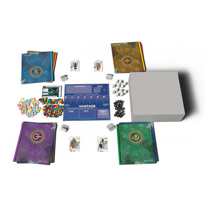 Collection of board game components including cards, dice, and a box on a white background