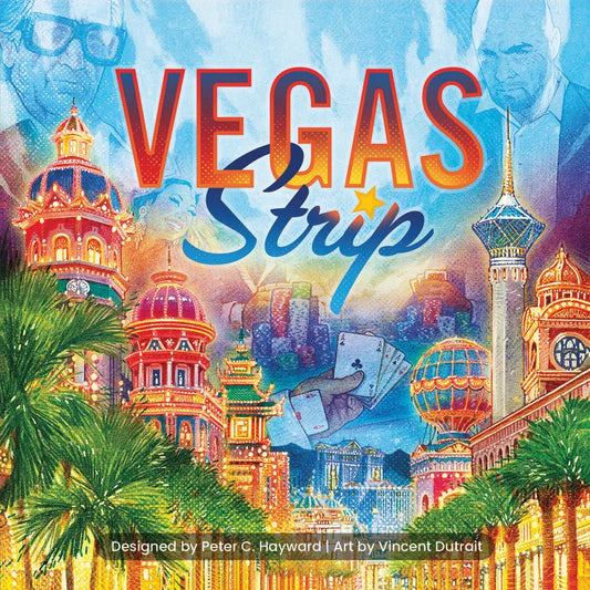 Colorful illustration of the Las Vegas Strip with buildings and palm trees.