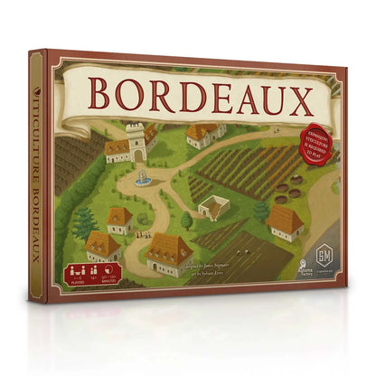 Board game box for 'Bordeaux' with vineyard illustration on a white background
