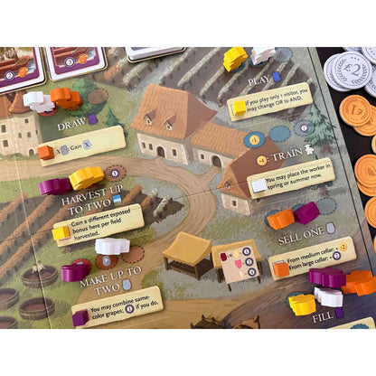 Board game setup with colorful pieces and instructions on a table