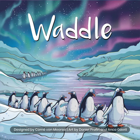 Cover of 'Waddle' with penguins on ice and a colorful sky