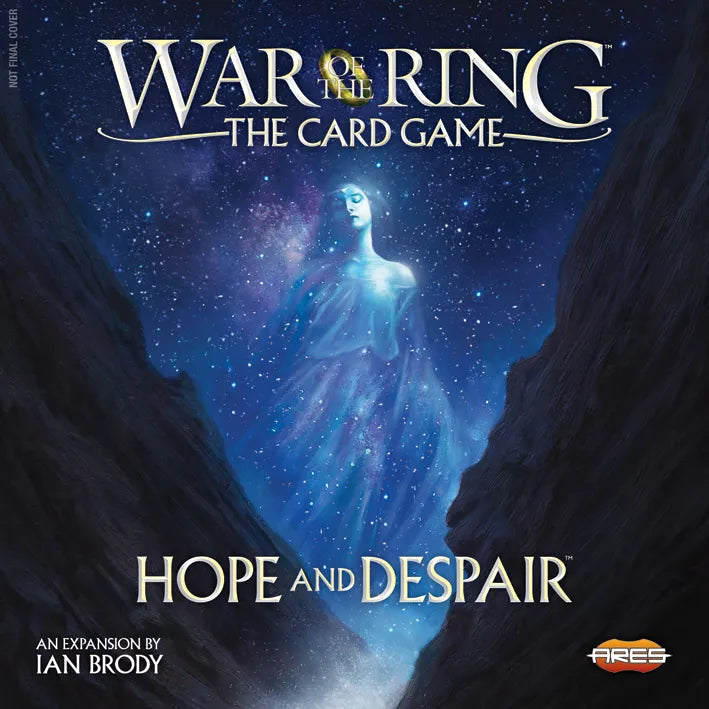 Front cover art for Warlord: The Card Game expansion 'Hope and Despair', showing a glowing blue female figure standing in a dark rocky canyon under a starry night sky. The Warlord logo appears at the top, and the Ares publisher logo appears at the bottom right.