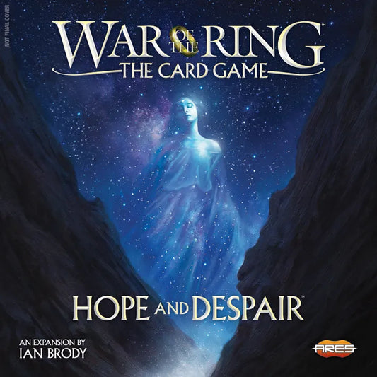 Front cover art for Warlord: The Card Game expansion 'Hope and Despair', showing a glowing blue female figure standing in a dark rocky canyon under a starry night sky. The Warlord logo appears at the top, and the Ares publisher logo appears at the bottom right.