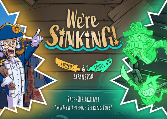 Promotional graphic for 'We're Sinking!' expansion with characters and text on a wooden background.