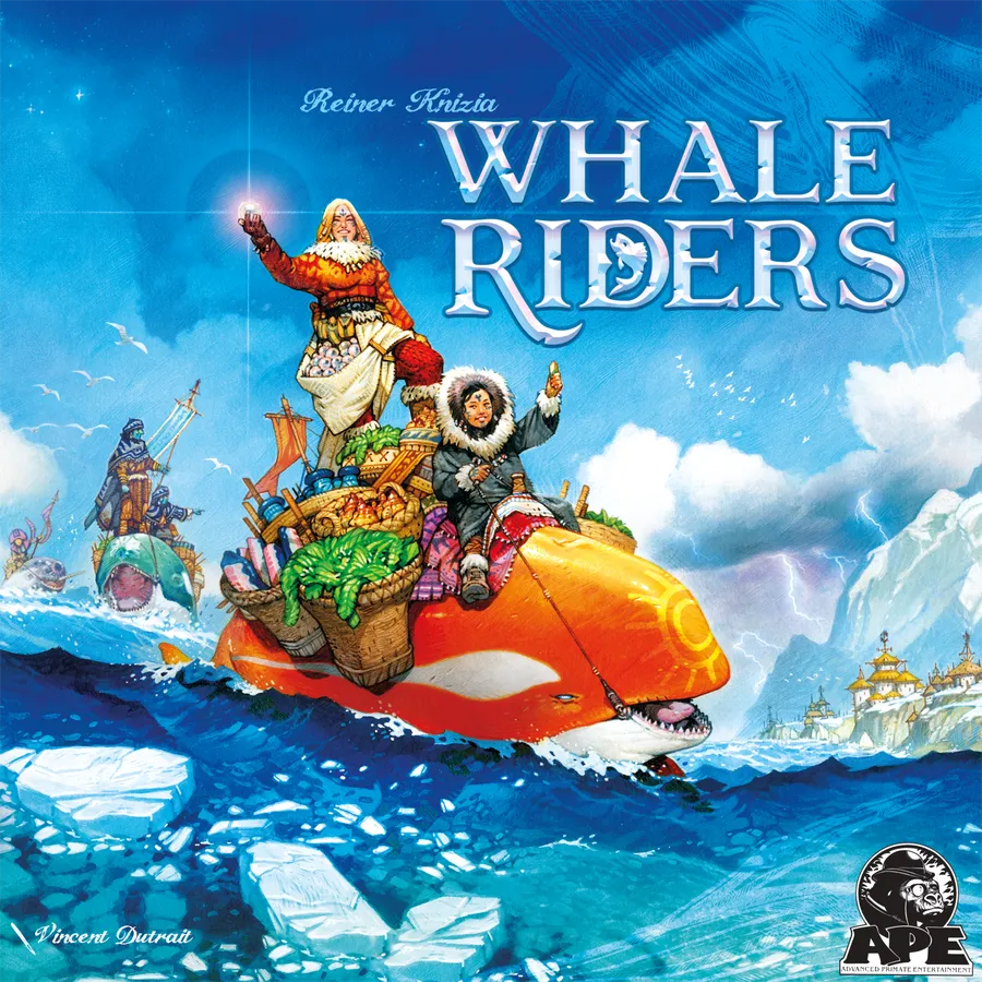 Board game cover of 'Whale Riders' with characters on a whale and icy landscape.