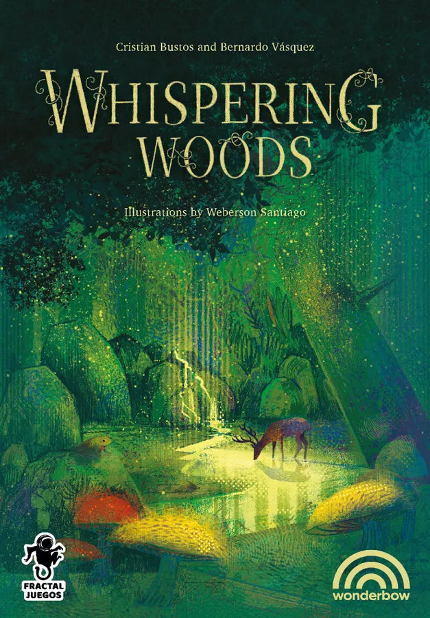 Book cover of 'Whispering Woods' with a forest scene and deer illustration.