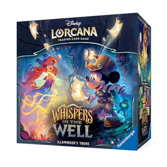 Disney Lorcana trading card game box with characters and 'Whispers in the Well' text on a blue background