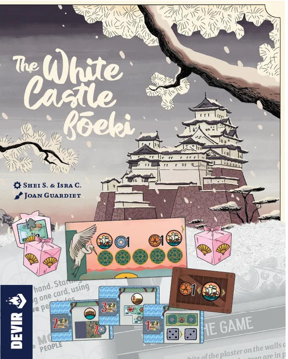 Front cover of the board game 'The White Castle Roeki' by Devina, featuring an illustrated Japanese castle under cherry blossoms, with game components and cards displayed below.