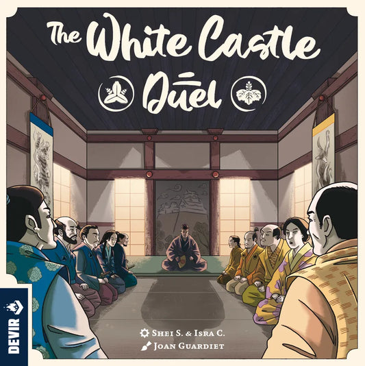Cover of 'The White Castle Duel' board game with illustrated characters in a room.