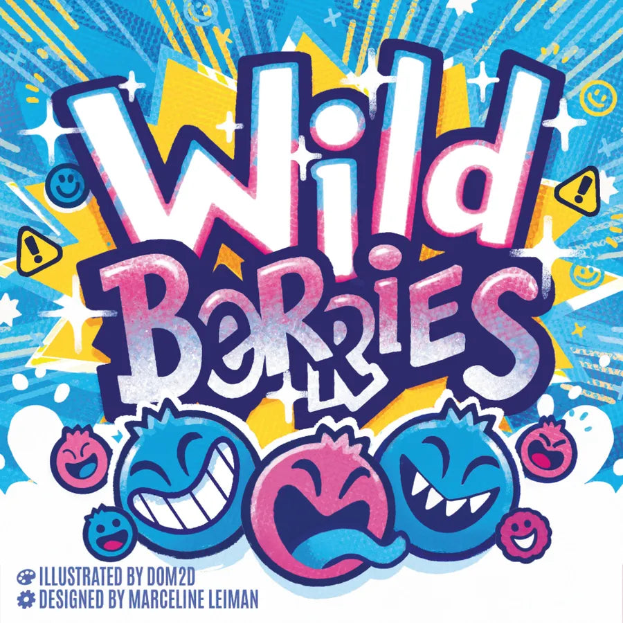 Vibrant graphic artwork reading 'Wild Berries' in large stylized bubble letters, with blue and pink cartoon berry faces and yellow starburst accents on a bright blue background. Small text at the bottom reads 'Illustrated by dom2d' and 'Designed by Margeline Leiman'.