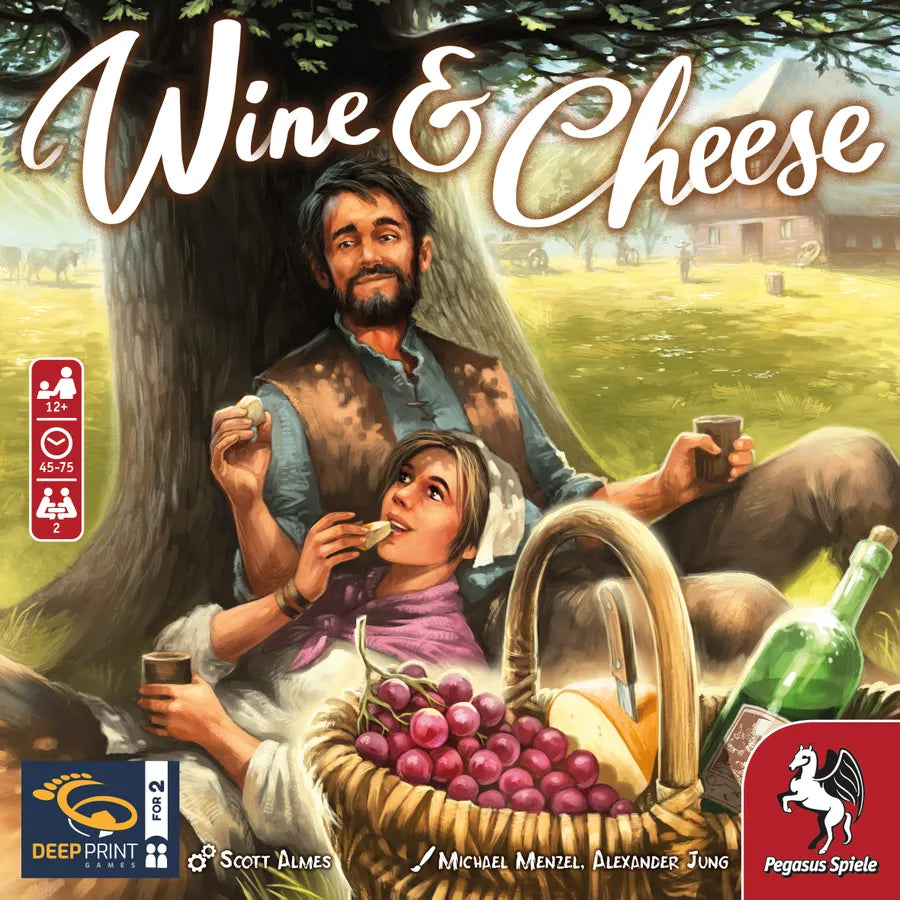 Board game box for 'Wine & Cheese' featuring a man and child sitting under a tree with a basket of grapes and wine bottles.