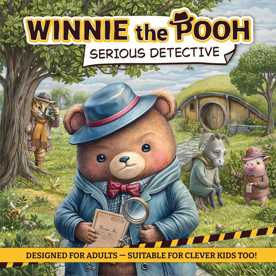 Book cover of 'Winnie the Pooh: Serious Detective' with a bear detective and other characters in a forest setting.