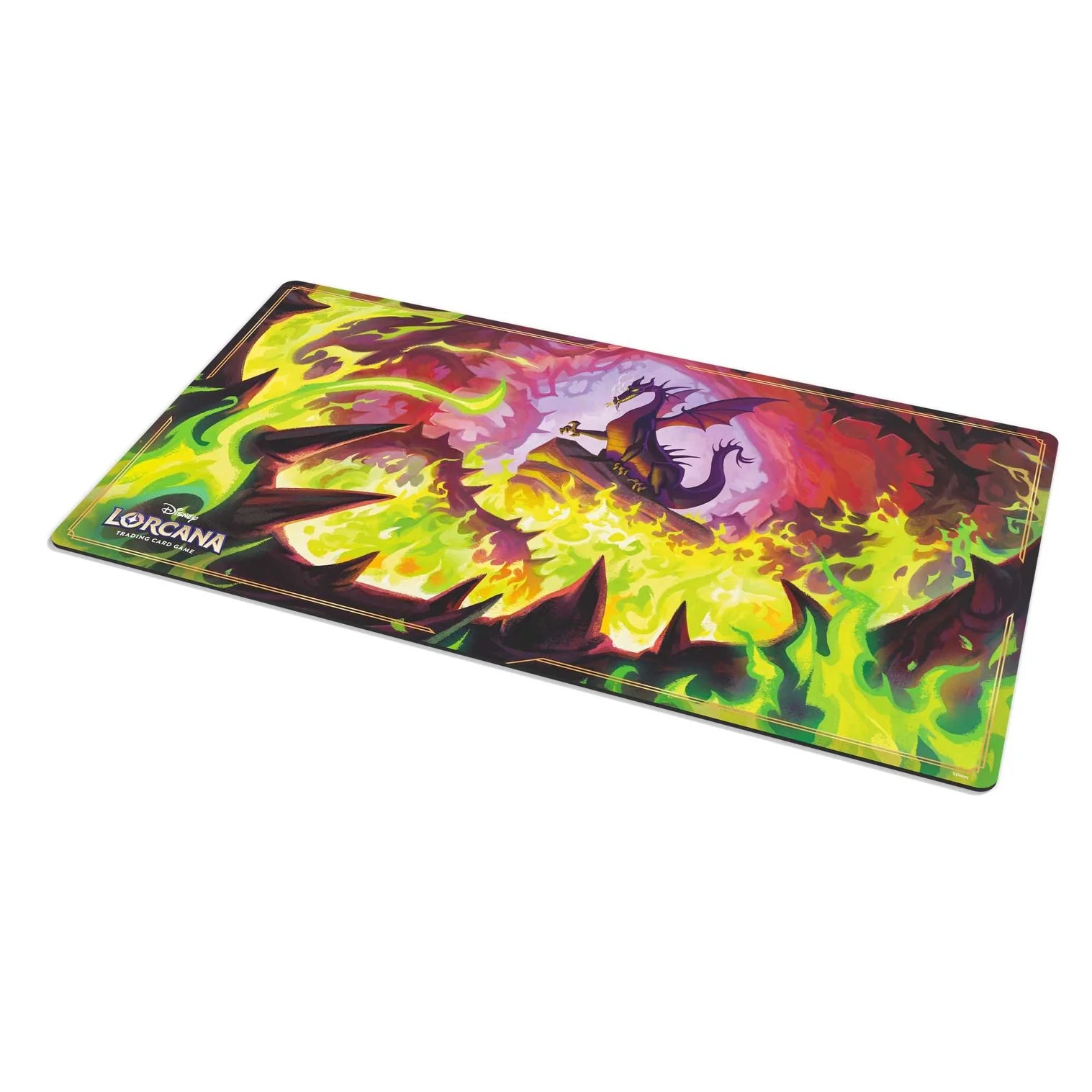 Colorful dragon-themed playmat with 'Lorcana' branding on a white background