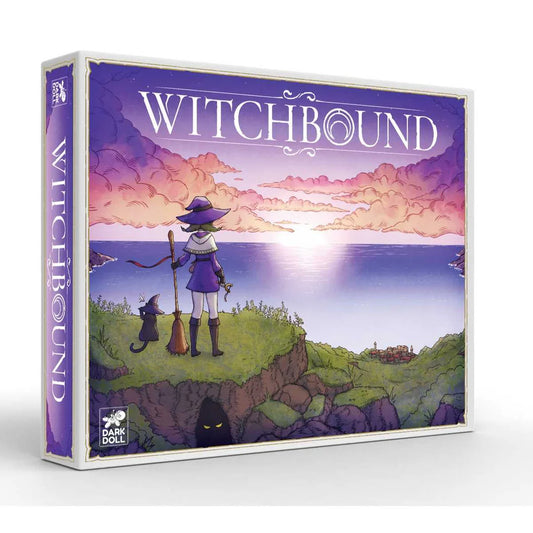 Board game box for 'Witchbound' with a witch and cat illustration on a purple background