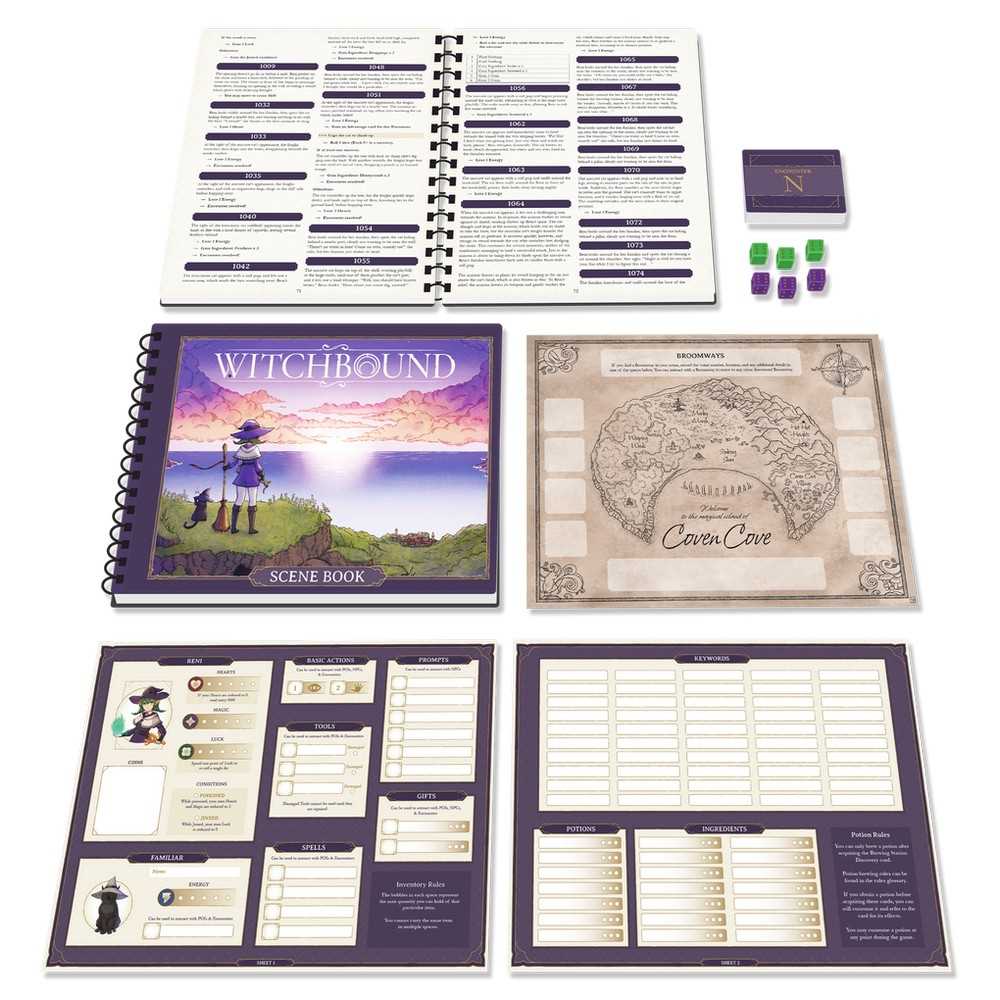 Collection of game components including a scene book, character sheet, and map on a white background.