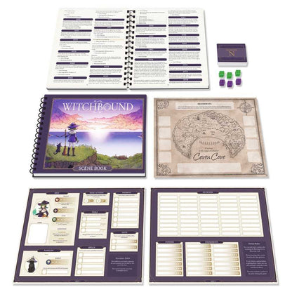 Collection of game components including a scene book, character sheet, and map on a white background.